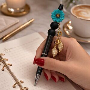 Handmade Beaded Pen with Gold Leaf Accents